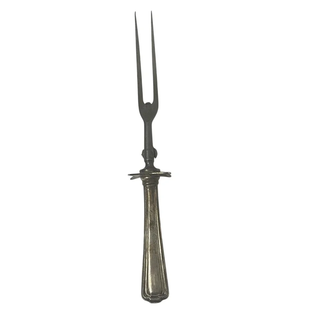 Antique Monogrammed‎ Silverplate Meat Carving Fork Hinged Guard 10 Inch